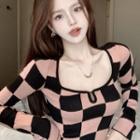 Square-neck Plaid Long-sleeve Knit Top Plaid - Black & Pink - One Size