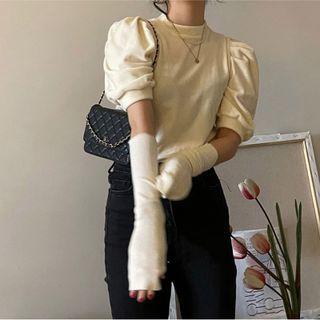 Set: Puff-sleeve Plain Blouse + Fingerless Gloves