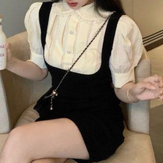 Set: Short-sleeve Plain Blouse + Mini Overall Dress