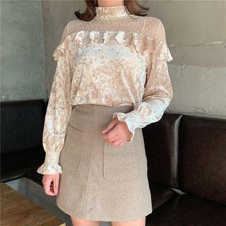 Lace-panel Velvet Long-sleeve Top