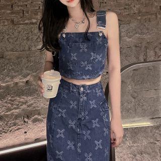 Denim Camisole Top / Side-slit Midi Skirt