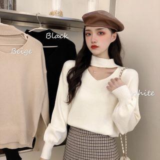 Semi High-neck Cut-out Knit Top