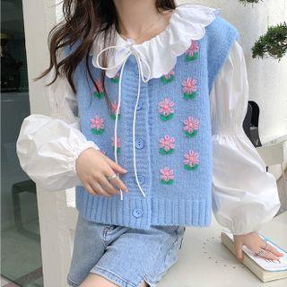 Scallop Collar Balloon-sleeve Blouse / Flower Button-up Sweater Vest
