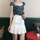 Set: Flower Print Cap-sleeve Blouse + Lace Up Mini A-line Skirt