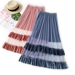 Ruffle Trim Mesh Panel Skirt