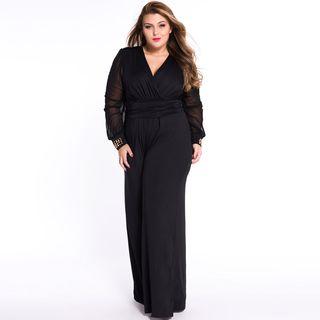 V-neck Studded Long-sleeve Chiffon Jumpsuit