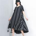 Short-sleeve Striped A-line Dress Black - One Size