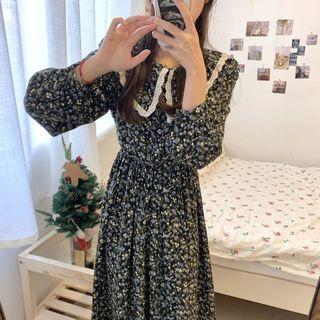 Lace Trim Collar Floral Midi A-line Dress Blue Floral - Black - One Size