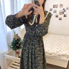 Lace Trim Collar Floral Midi A-line Dress Blue Floral - Black - One Size