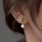 Faux Pearl Rhinestone Asymmetrical Sterling Silver Earring 1 Pair - Green & Gold - One Size