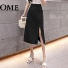 High-waist Plain Slit Midi A-line Skirt