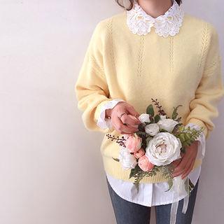 Puff-sleeve Embroidered-knit Top