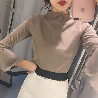 Mock-turtleneck Bell-sleeve Top Khaki - One Size