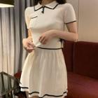 Set: Contrast Trim Short-sleeve Knit Top + Mini A-line Skirt