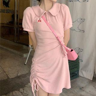 Puff-sleeve Cherry Embroidered Mini Polo Shirt Dress