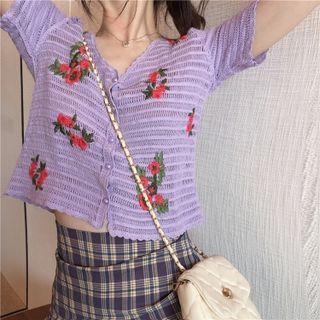 Short-sleeve Flower Embroidered Slim-fit Knit Top