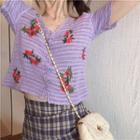 Short-sleeve Flower Embroidered Slim-fit Knit Top