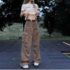 Drawstring Print Knit Top + High-waist Cargo Pants