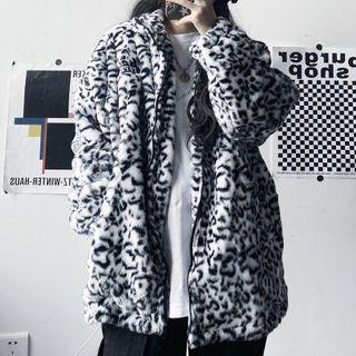 Leopard Print Fleece Zip-up Jacket Leopard - Black - One Size