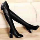 Lace Panel Block Heel Over-the-knee Boots / Pointed Flats