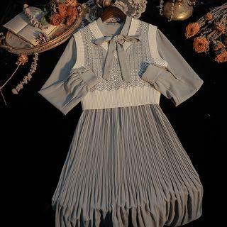 Long-sleeve Tie-neck Midi A-line Dress / Cropped Sweater Vest