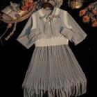 Long-sleeve Tie-neck Midi A-line Dress / Cropped Sweater Vest