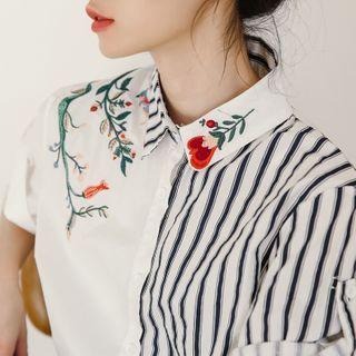 Embroidered Striped Panel Short-sleeve Shirt