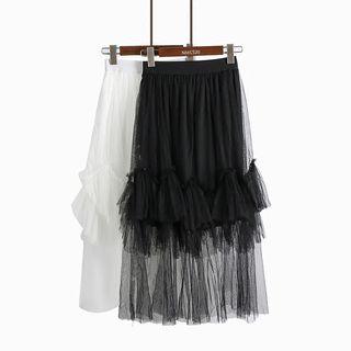 Ruffled Mesh Midi Skirt