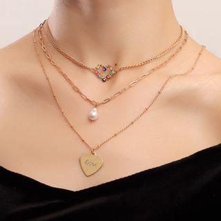 Layered Heart Pendant Necklace 1pc - Gold - One Size