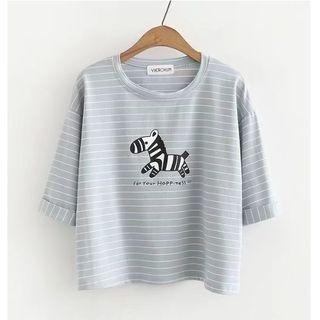 Elbow-sleeve Zebra Print Striped T-shirt