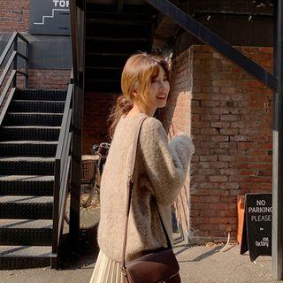 Round-neck Boucl -knit Sweater Dark Beige - One Size