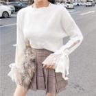 Set: Lace Panel Long-sleeve Knit Top + Plaid Pleated Skirt