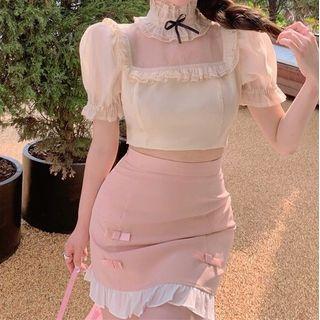 Ruffle Trim Mesh Panel Cropped Blouse / Mini Pencil Skirt