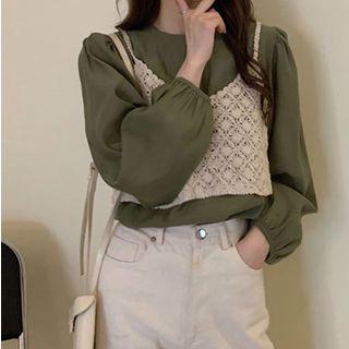 Plain Puff-sleeve Blouse / Crochet Knit Camisole Top