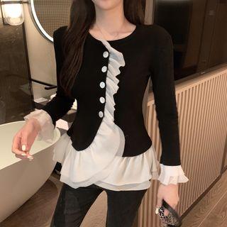Bell-sleeve Ruffle Trim Top As Shown In Figure - One Size