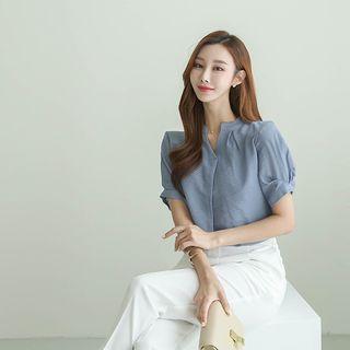 Open-placket Pintuck-sleeve Textured Blouse