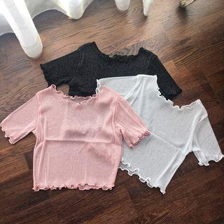 Lettuce Edge Short-sleeve Glitter Mesh Top