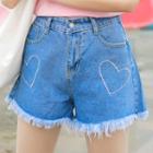 Heart Embroidered Frayed Denim Shorts