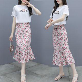 Set: Short Sleeve Print T-shirt + Floral Print Mermaid Skirt