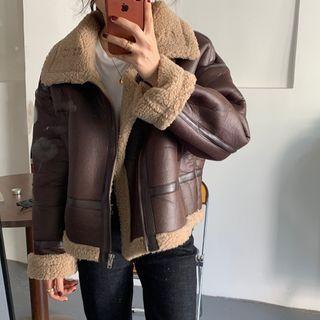 Fleece Trim Zip-up Faux Leather Biker Jacket Brown - One Size
