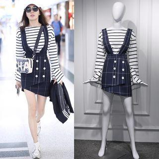 Long-sleeve Striped T-shirt / Plain Mini Suspender Skirt