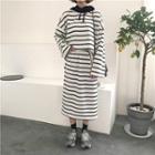 Set: Striped Loose-fit Hooded Sweatshirt + Striped Skirt