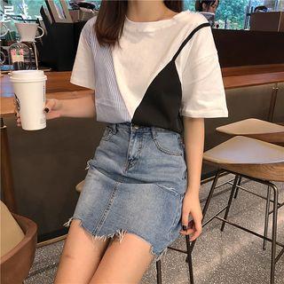 Mock Two-piece Short-sleeve T-shirt As Shown In Figure - One Size