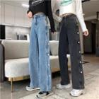 High Waist Button-side Wide Leg Jeans