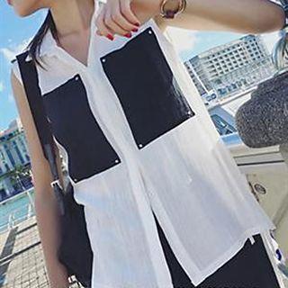 Contrast Color Pocket Sleeveless Shirt