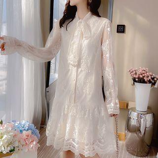 Bell-sleeve Embroidered Mesh Dress