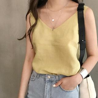 Plunge-neck Sleeveless Linen Blend Top