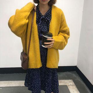 Dotted Long-sleeve A-line Dress / Open Front Cardigan