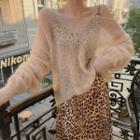 Set : Long-sleeve Sweater + Leopard Print Spaghetti-strap Dress