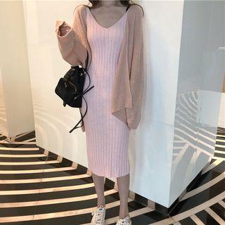 Open Front Cardigan / V-neck Sleeveless Sheath Knit Dress